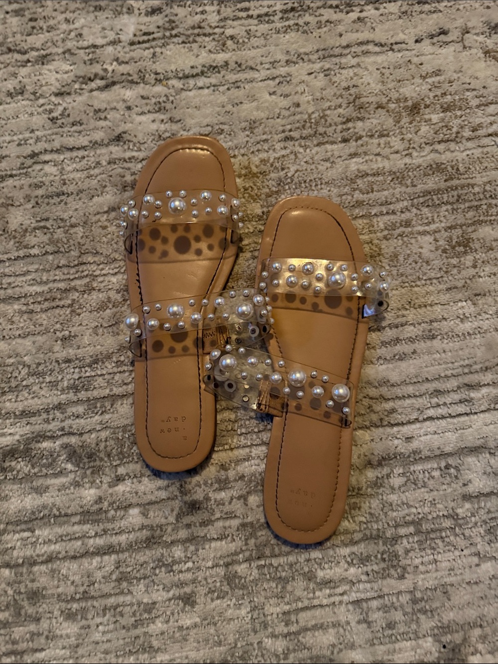 a new day Tan Slide Sandals with Pearl-Studded Clear Straps